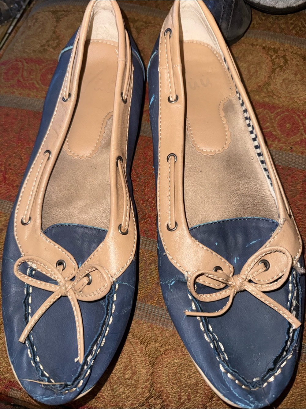 Classic Two-Tone Navy and Tan Women’s Leather Moccasin Flats